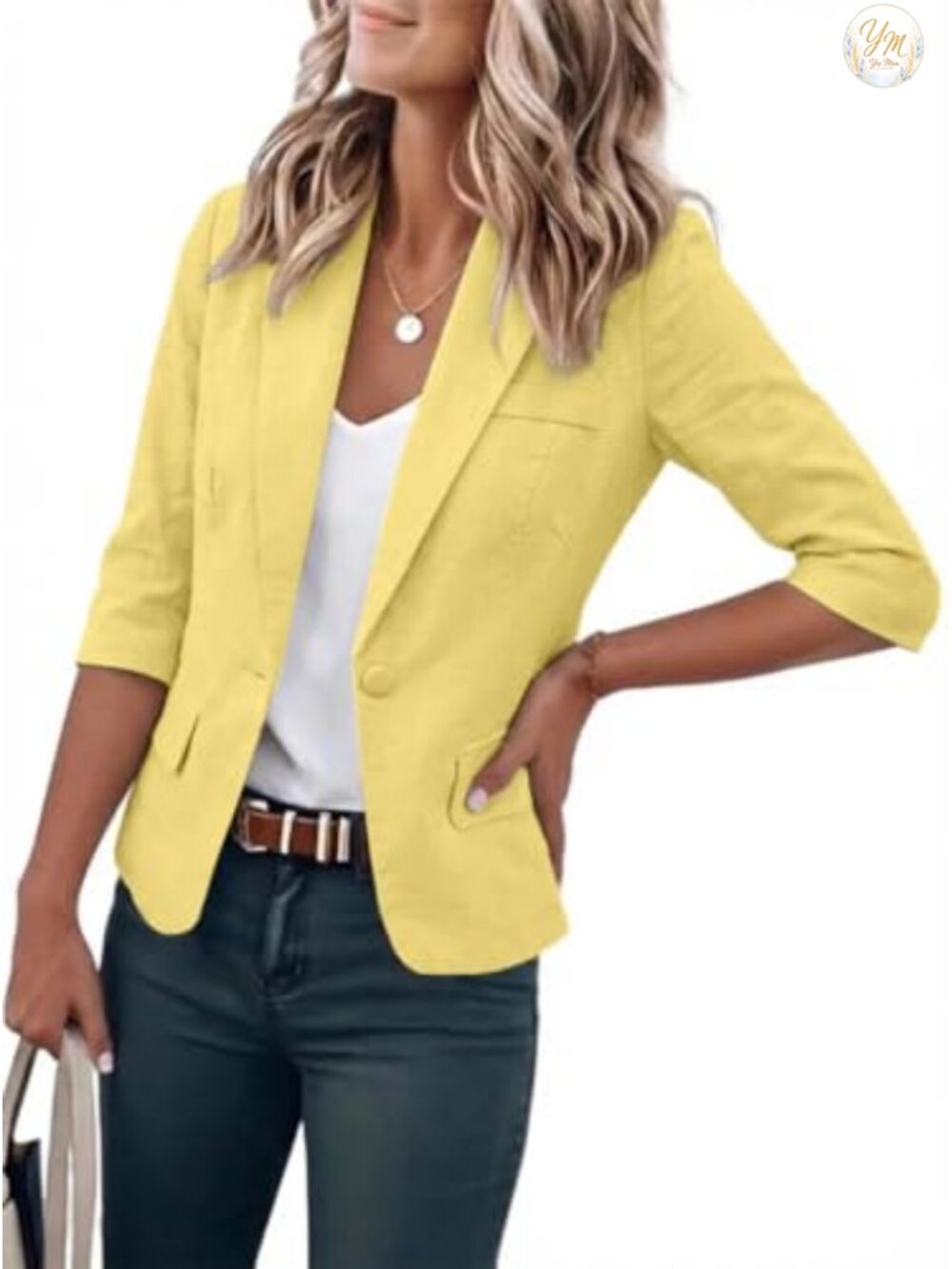Women's Cropped Cotton Blend Blazer - 3/4 Sleeve Casual